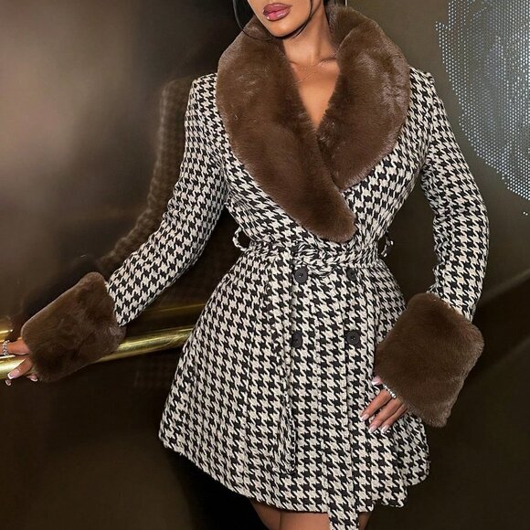 Houndstooth Print Fuzzy Collar Belted Overcoat - Picture 1 of 5